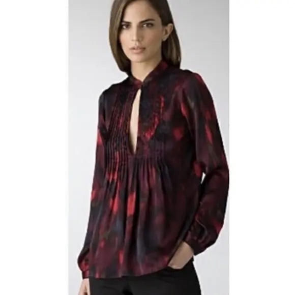 Theory Purple Black Bianca‎ Vague Silk Pleated Keyhole Long Sleeve Blouse Small - Picture 1 of 6